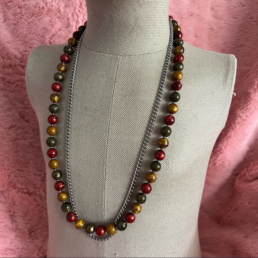Earth Tone Beaded Necklace & Silver Chain - Set of 2